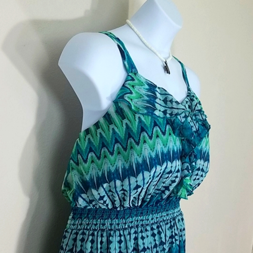 Sundress maxi blue green ruffle lined top slits adj straps elastic waist 1X - Picture 5 of 11